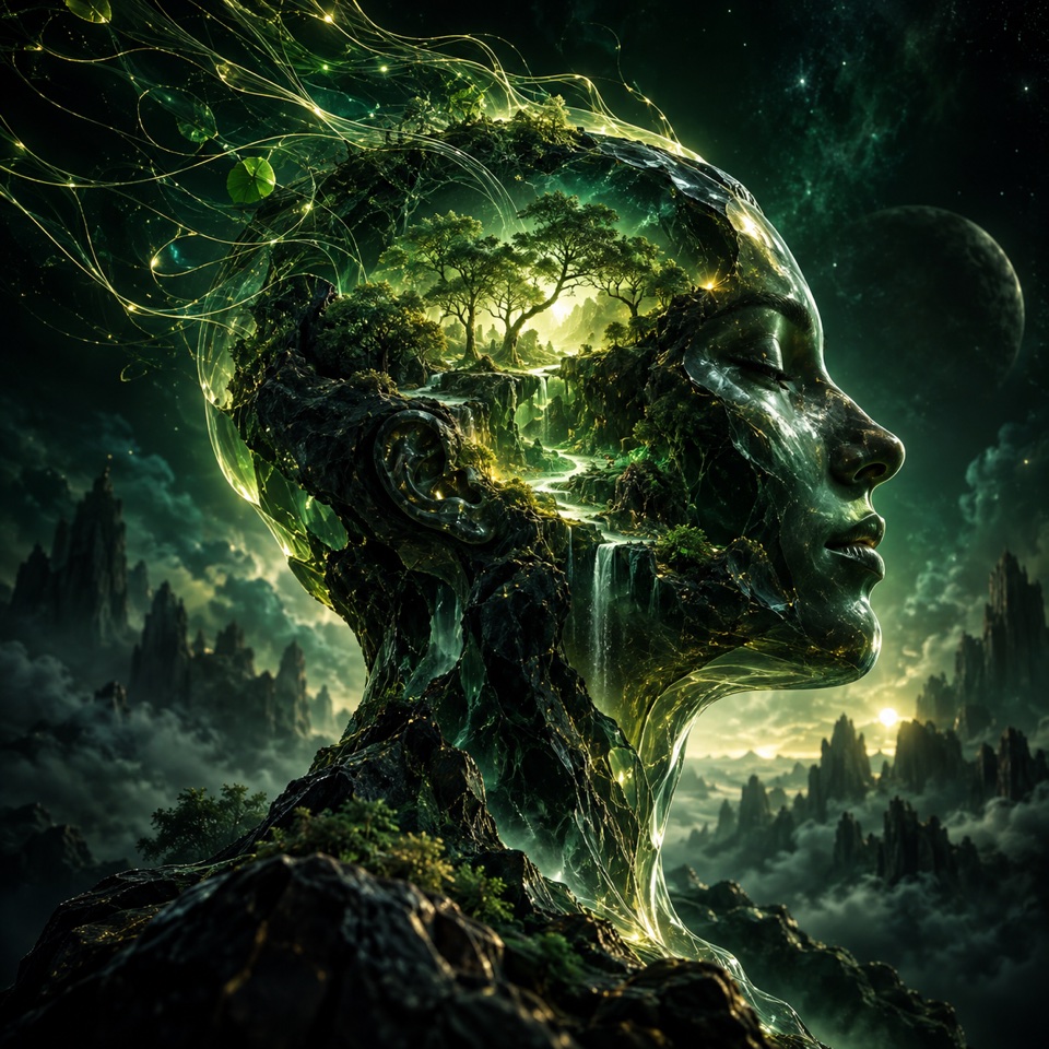 Arte conceitual de um perfil humano com uma floresta luminosa em seu interior