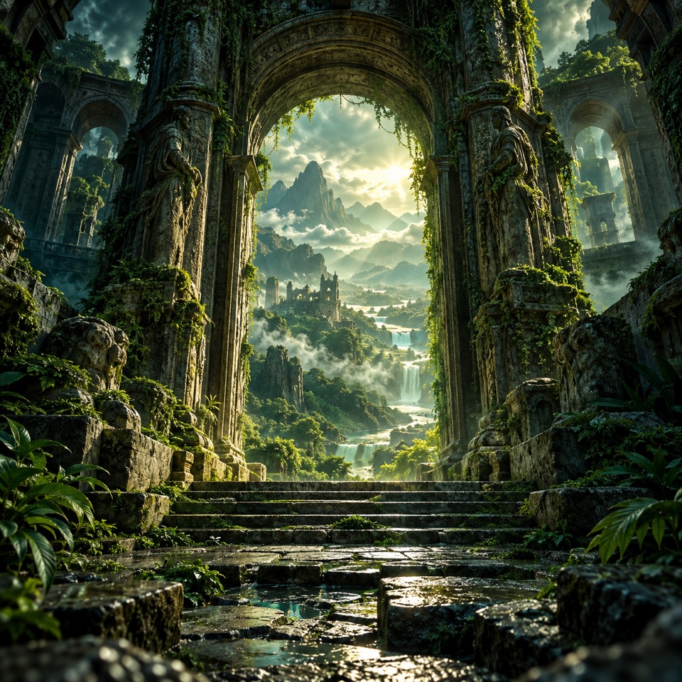Arquitetura ancestral imaginária entre montanhas e vegetação